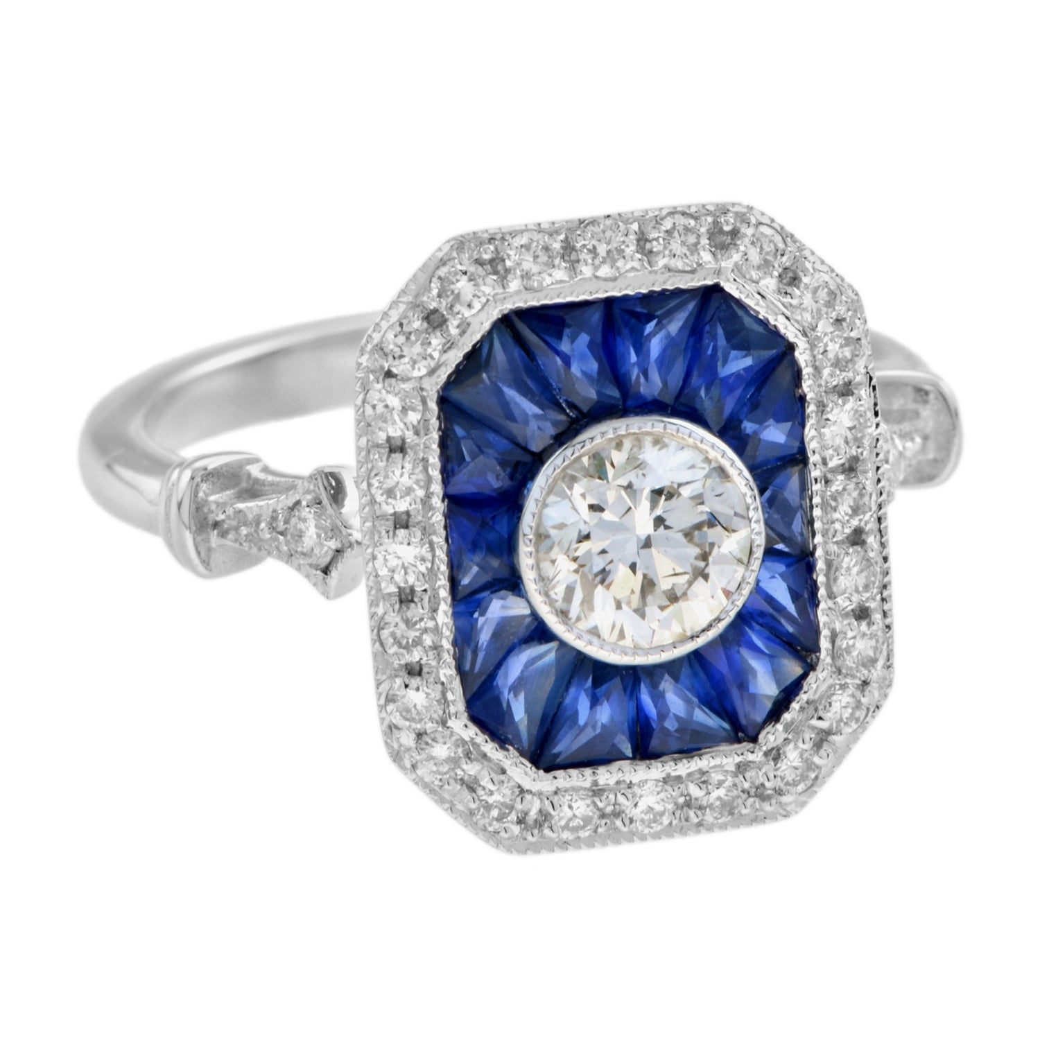 Diamond &amp; Blue Sapphire Fancy Cut Halo Art Deco Style Engagement White Gold Ring