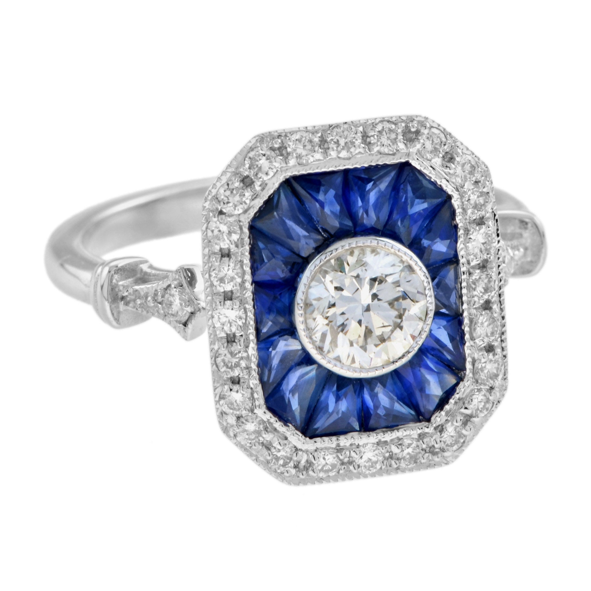 Diamond &amp; Blue Sapphire Fancy Cut Halo Art Deco Style Engagement White Gold Ring