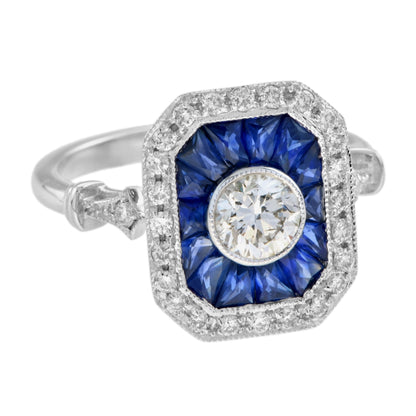 Diamond &amp; Blue Sapphire Fancy Cut Halo Art Deco Style Engagement White Gold Ring