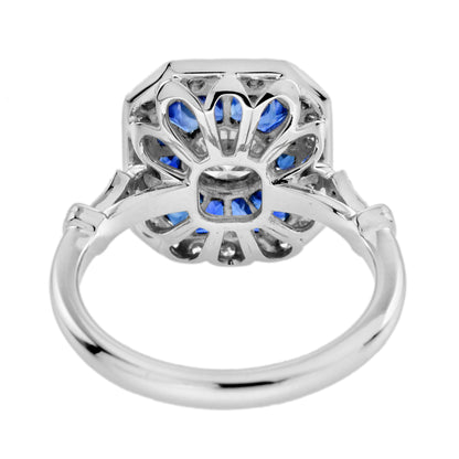 Diamond &amp; Blue Sapphire Fancy Cut Halo Art Deco Style Engagement White Gold Ring
