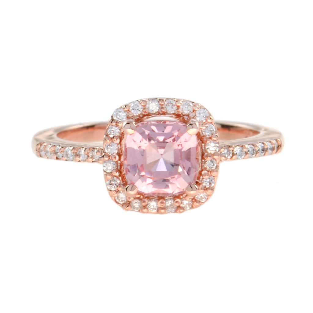 Cushion Peach Pink Morganite & Diamond Lover Ring Pendant Earrings Rose Gold Set