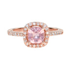 Cushion Peach Pink Morganite & Diamond Lover Ring Pendant Earrings Rose Gold Set