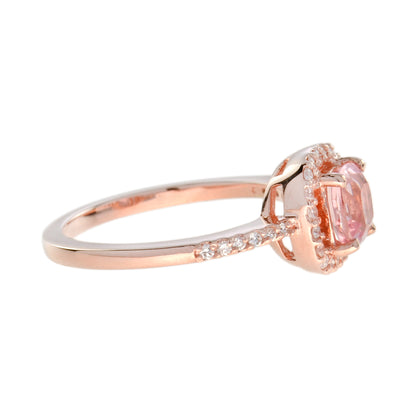 Cushion Shaped Peach Pink Morganite & Diamond Classic Halo 14K Rose Gold Ring