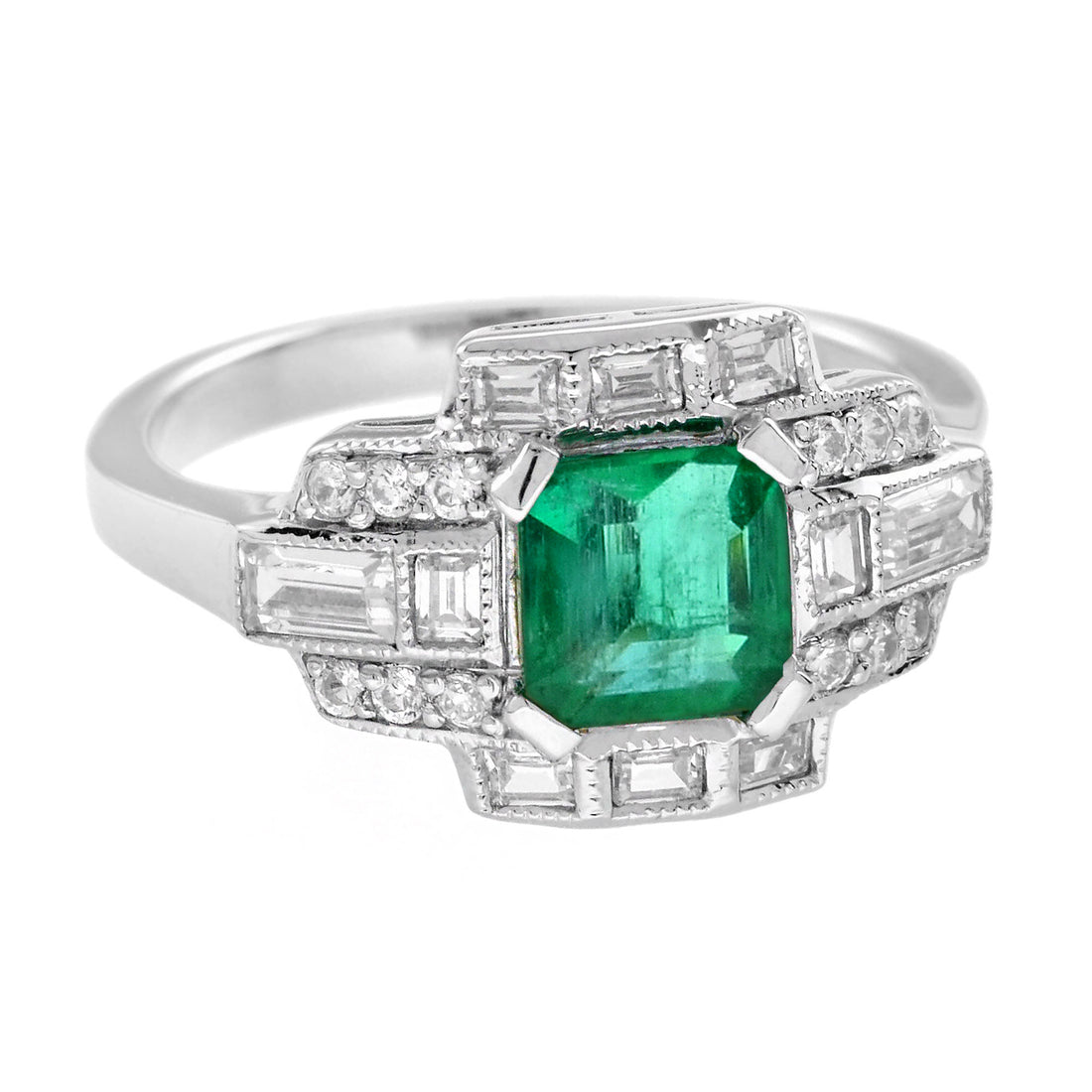 Asscher Green Emerald &amp; Diamond Art Deco Style Engagement 18K White Gold Ring