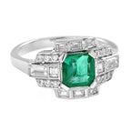 Asscher Green изумруд және гауһар тасты арт-деко стиліндегі некеге тұру сақинасы 18 каратты ақ алтыннан жасалған