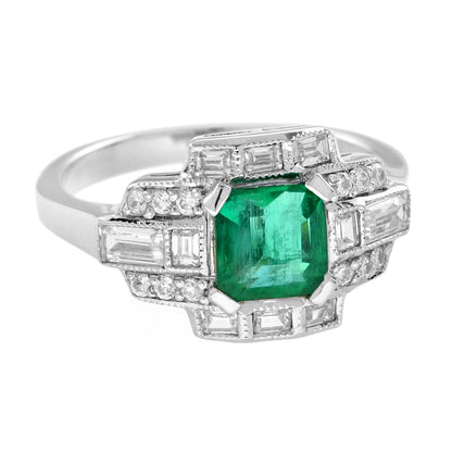 Asscher Green Emerald &amp; Diamond Art Deco Style Engagement 18K White Gold Ring