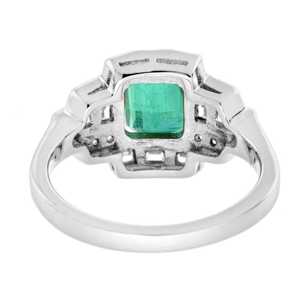 Asscher Green изумруд және гауһар тасты арт-деко стиліндегі некеге тұру сақинасы 18 каратты ақ алтыннан жасалған