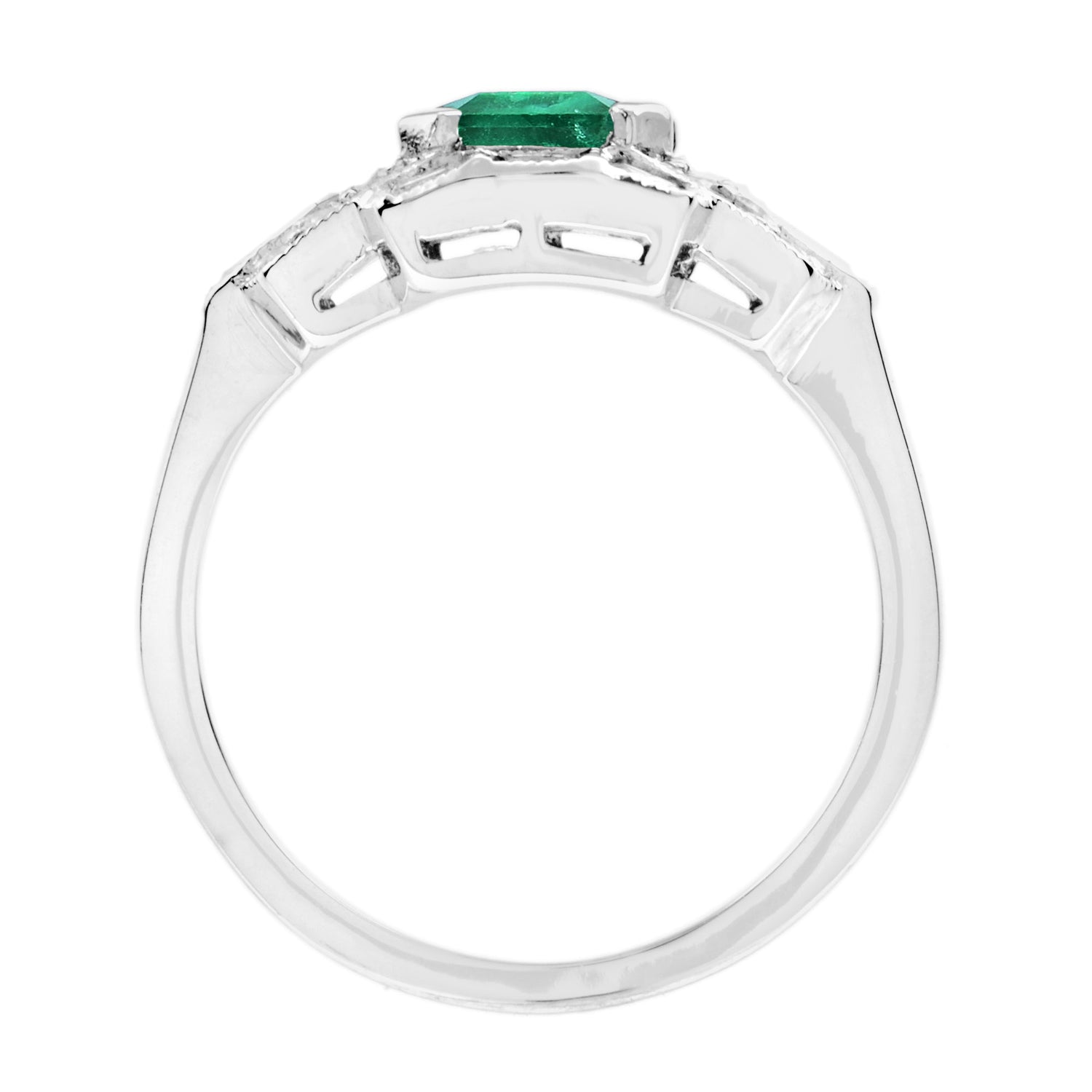 Asscher Green Emerald &amp; Diamond Art Deco Style Engagement 18K White Gold Ring