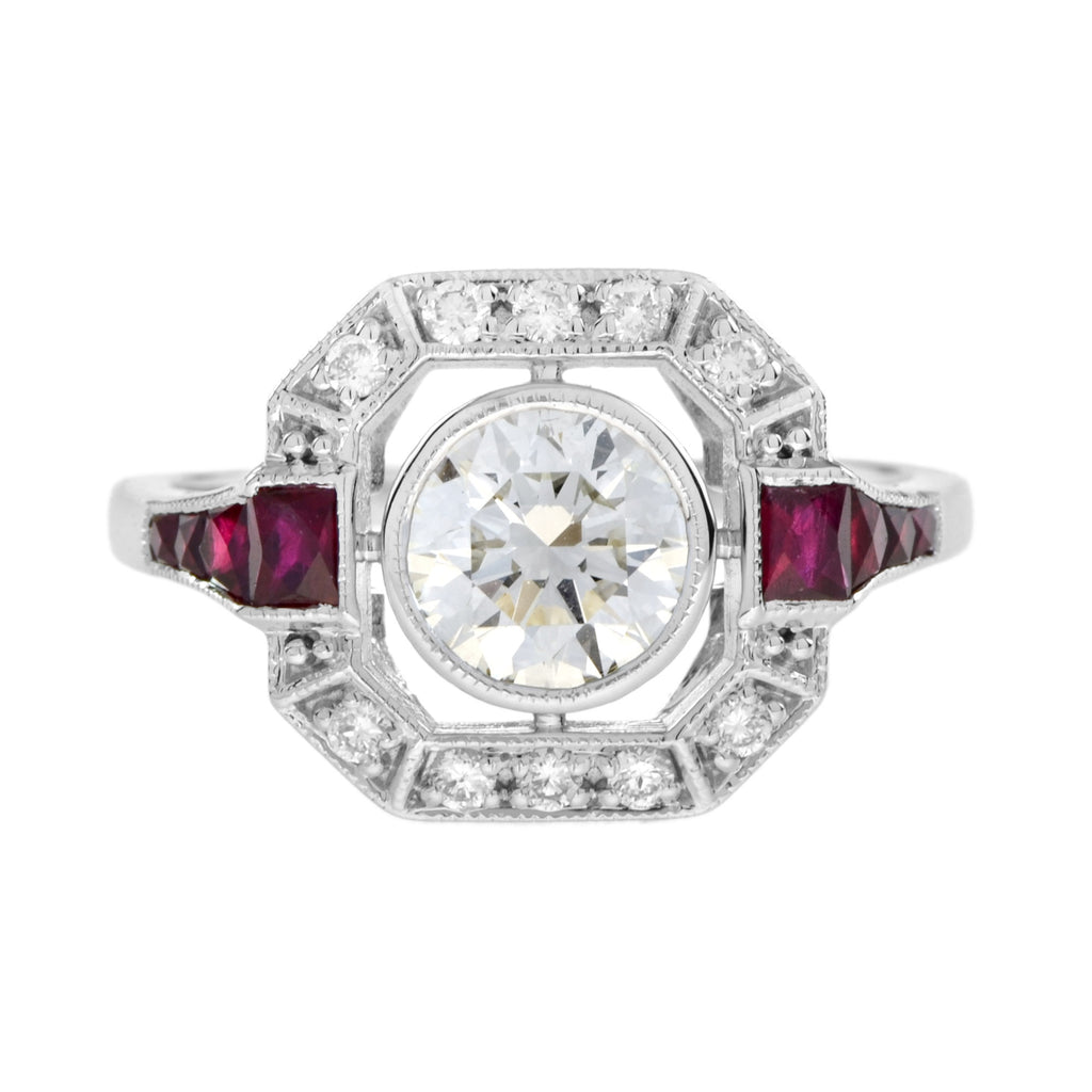 Art Deco Style Diamond & Ruby Engagement Halo Set 18K White Gold Ring
