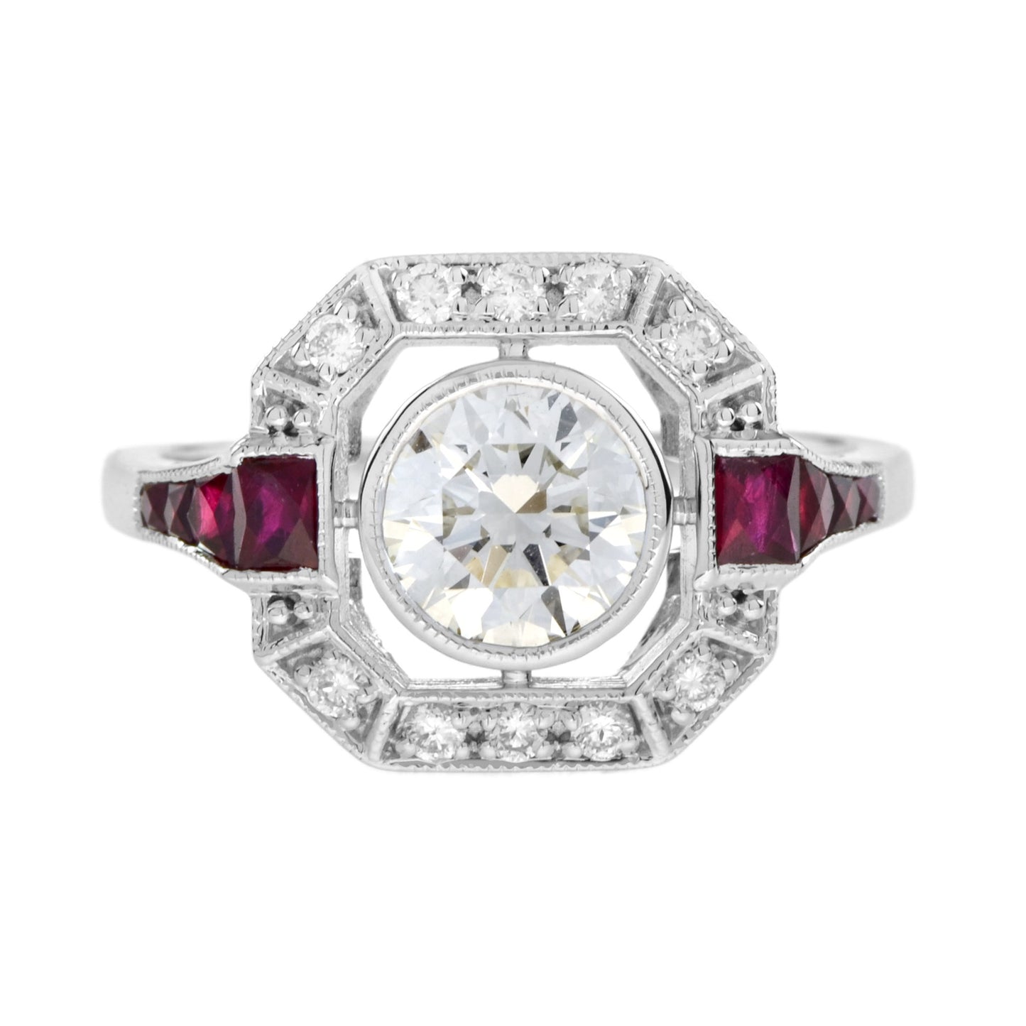 art deco style diamond & ruby engagement halo set 18k white gold ring