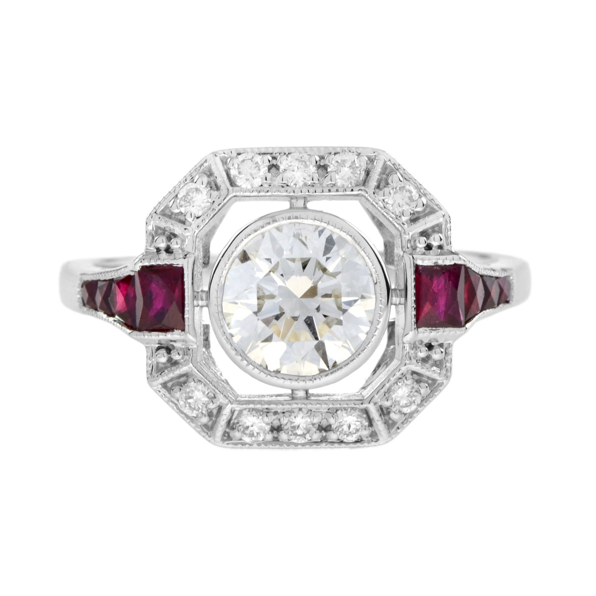 Art Deco Style Diamond & Ruby Engagement Halo Set 18K White Gold Ring
