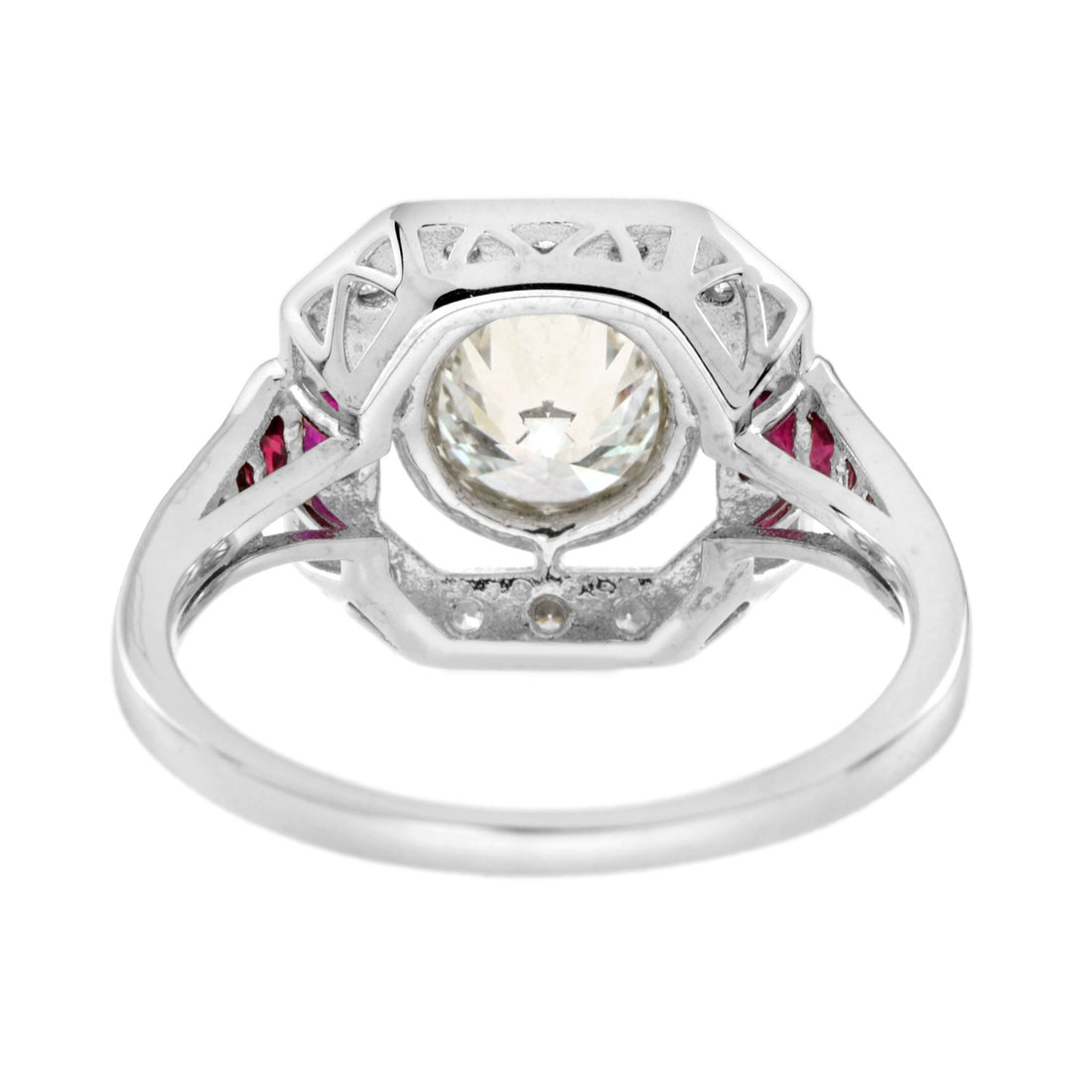 Art Deco Style Diamond &amp; Ruby Engagement Halo Set 18K White Gold Ring