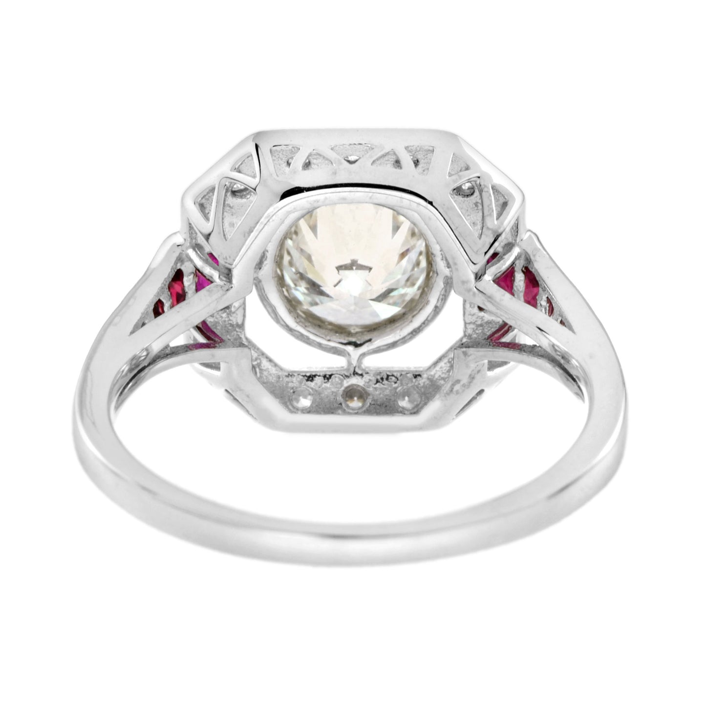 art deco style diamond & ruby engagement halo set 18k white gold ring