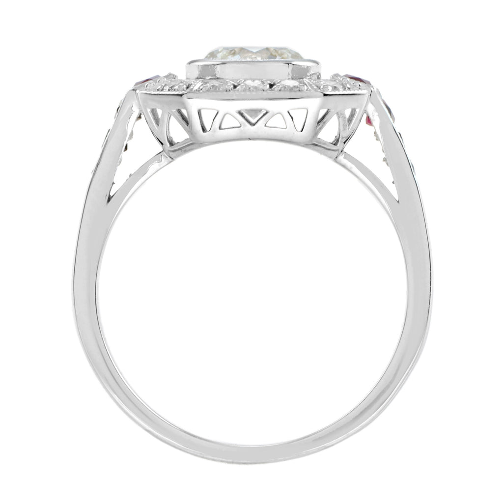 Art Deco Style Diamond & Ruby Engagement Halo Set 18K White Gold Ring
