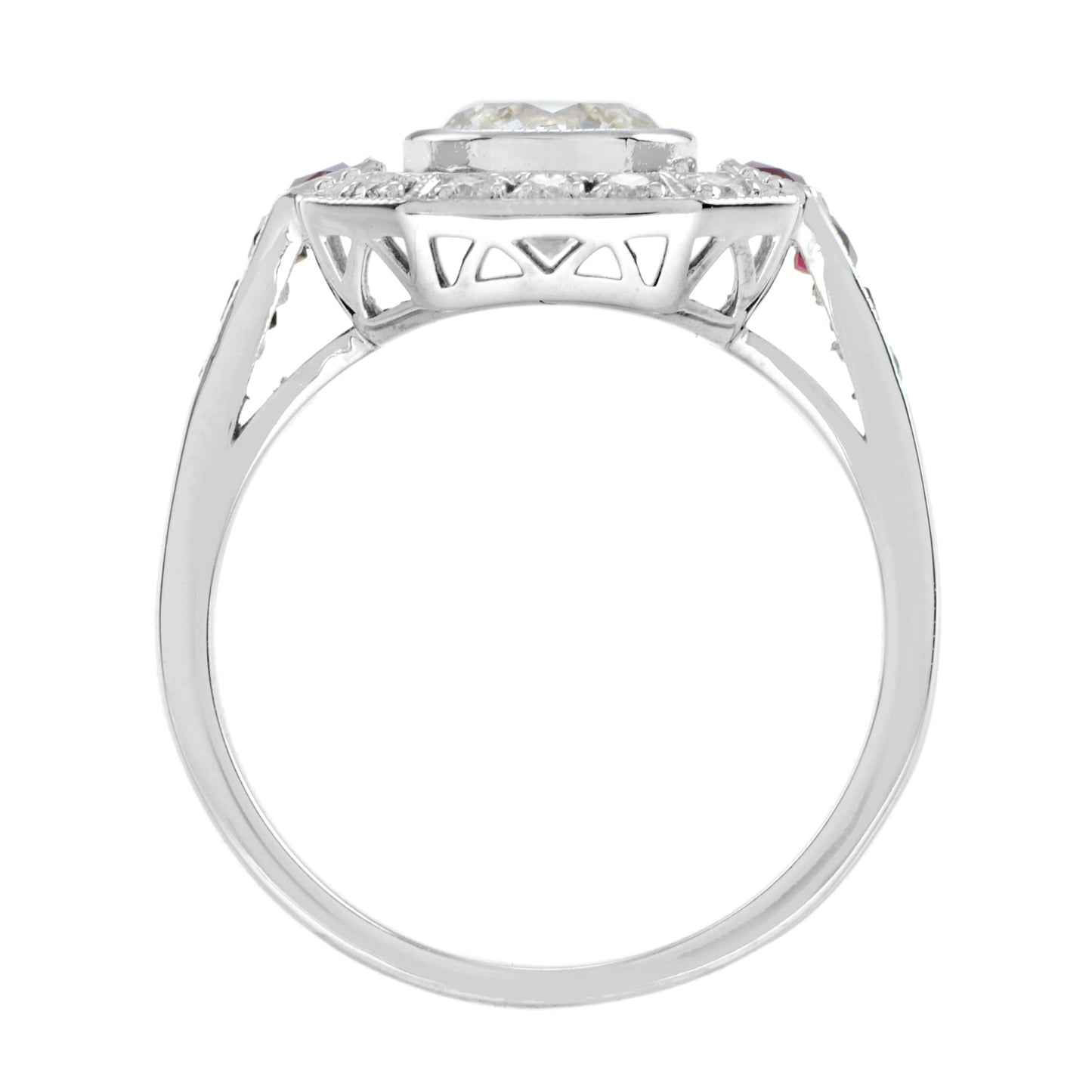 art deco style diamond & ruby engagement halo set 18k white gold ring