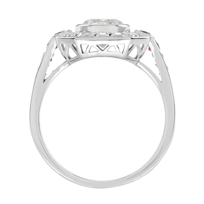Art Deco Style Diamond & Ruby Engagement Halo Set 18K White Gold Ring