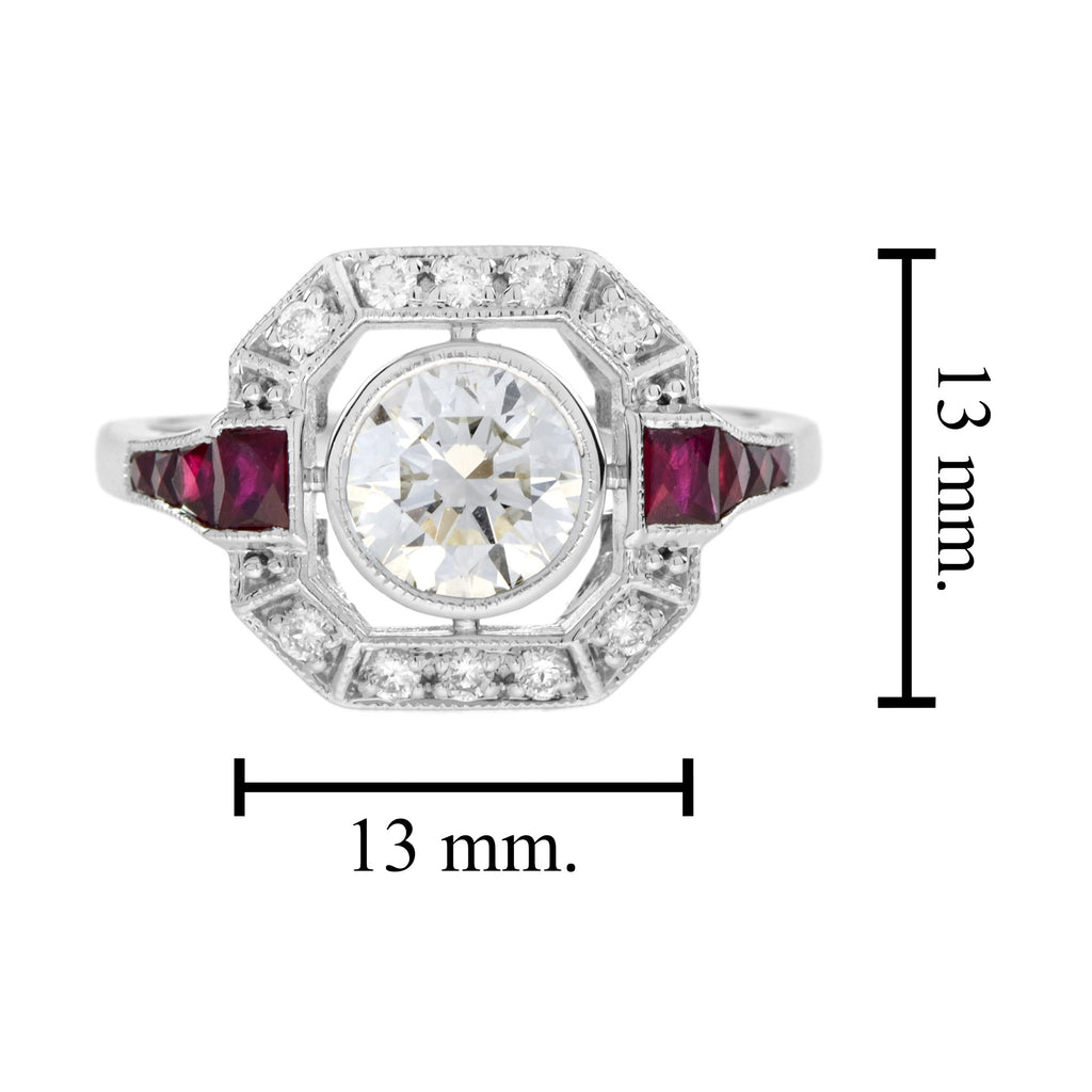 Art Deco Style Diamond & Ruby Engagement Halo Set 18K White Gold Ring