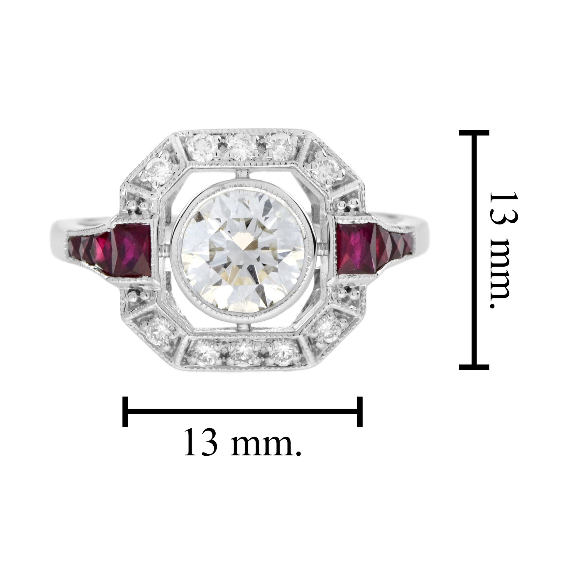 Art Deco Style Diamond & Ruby Engagement Halo Set 18K White Gold Ring