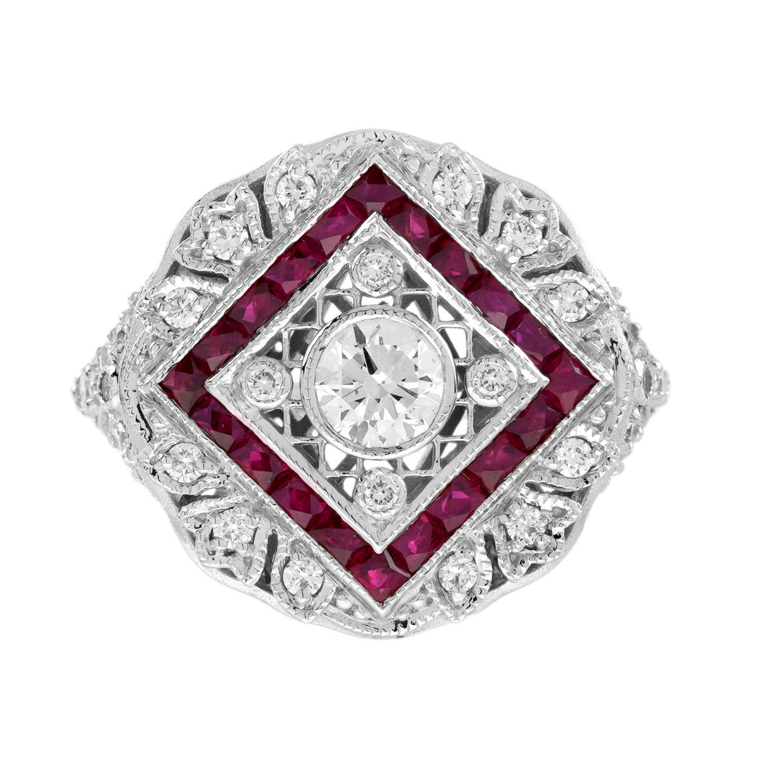 Diamond &amp; Ruby Halo Set Vintage Inspired Art Deco Style White Gold Ring