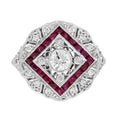 Diamond & Ruby Halo Set Vintage Inspired Art Deco Style White Gold Ring