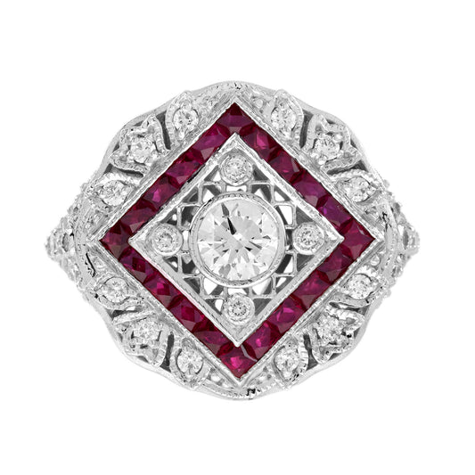 Diamond & Ruby Halo Set Vintage Inspired Art Deco Style White Gold Ring
