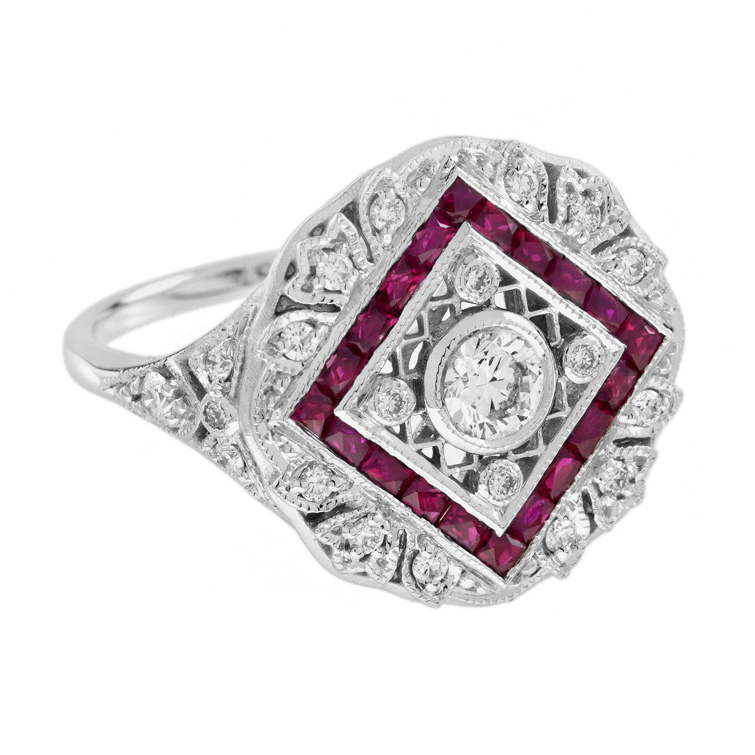 Diamond &amp; Ruby Halo Set Vintage Inspired Art Deco Style White Gold Ring