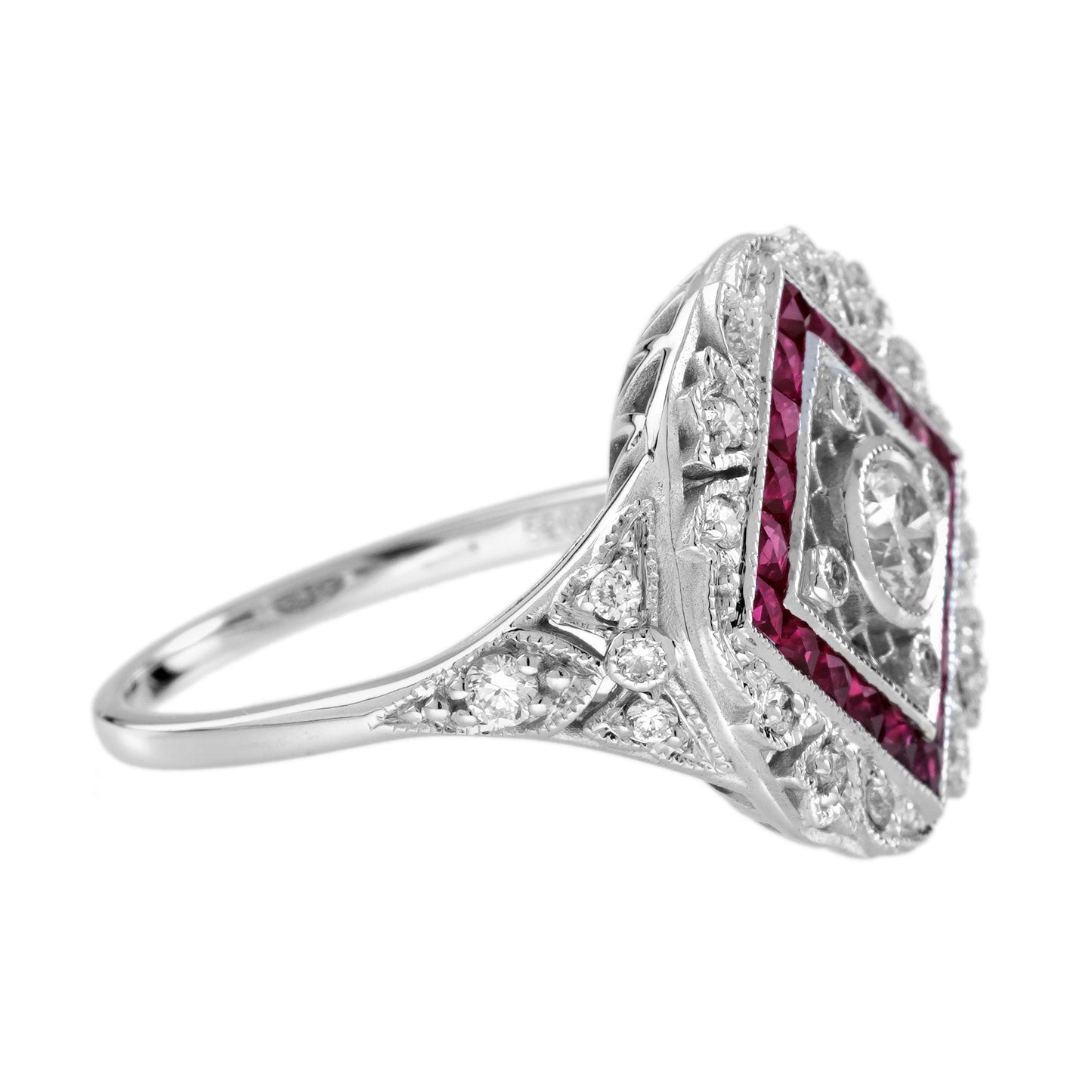 diamond & ruby halo set vintage inspired art deco style white gold ring