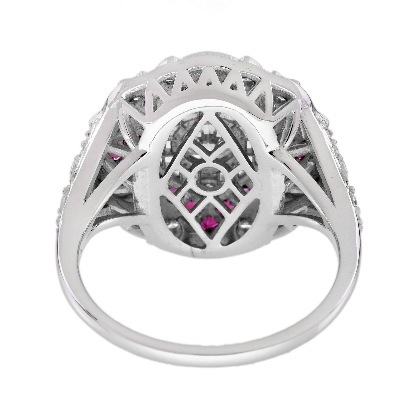 diamond & ruby halo set vintage inspired art deco style white gold ring