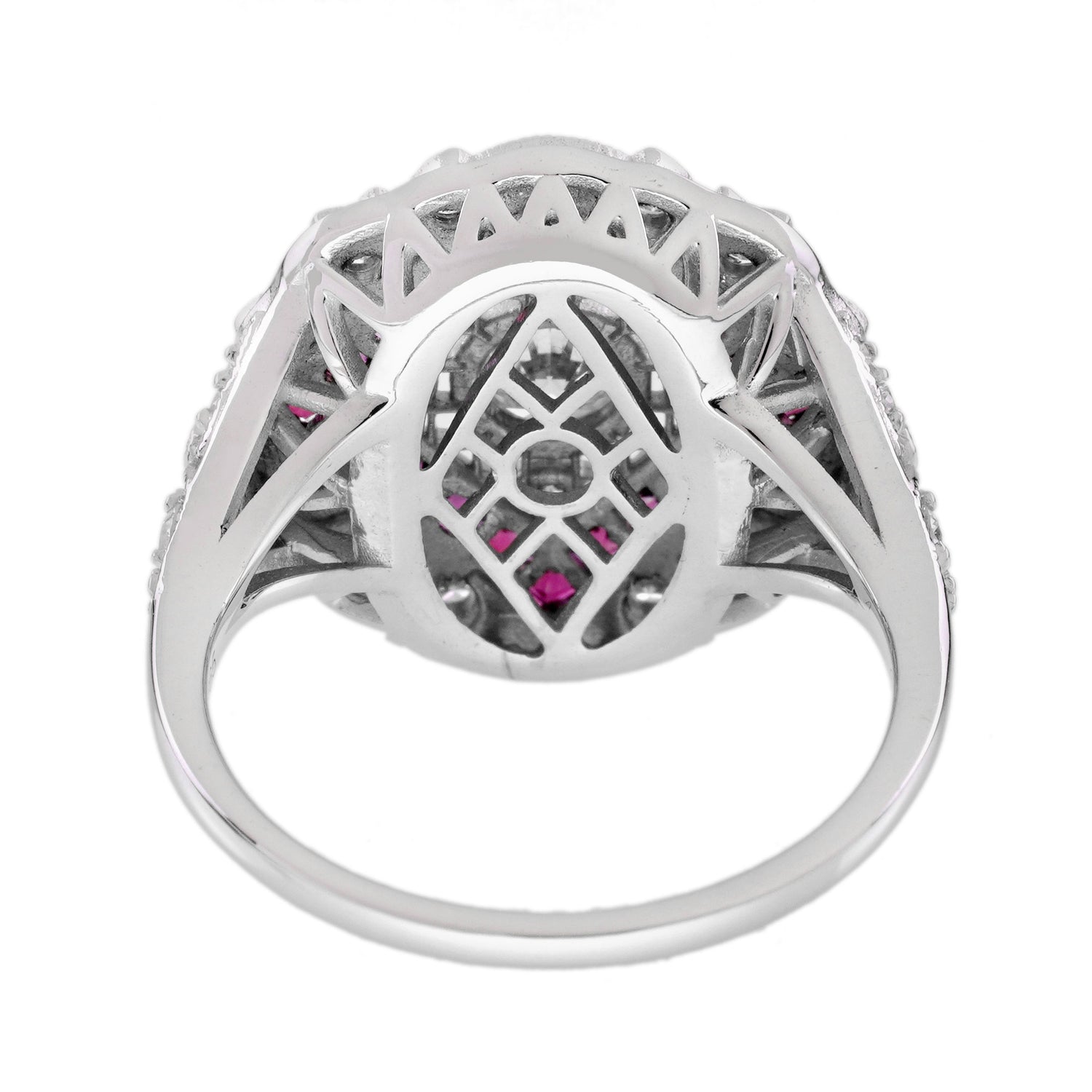 Diamond &amp; Ruby Halo Set Vintage Inspired Art Deco Style White Gold Ring