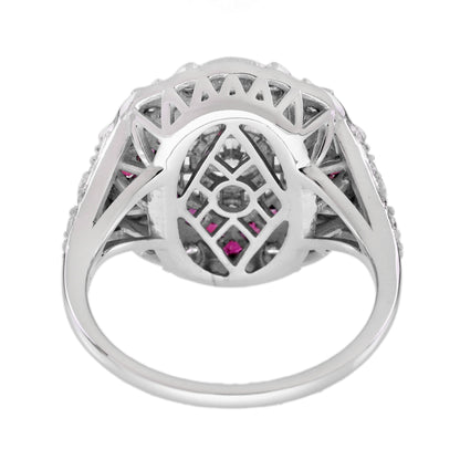 Diamond & Ruby Halo Set Vintage Inspired Art Deco Style White Gold Ring