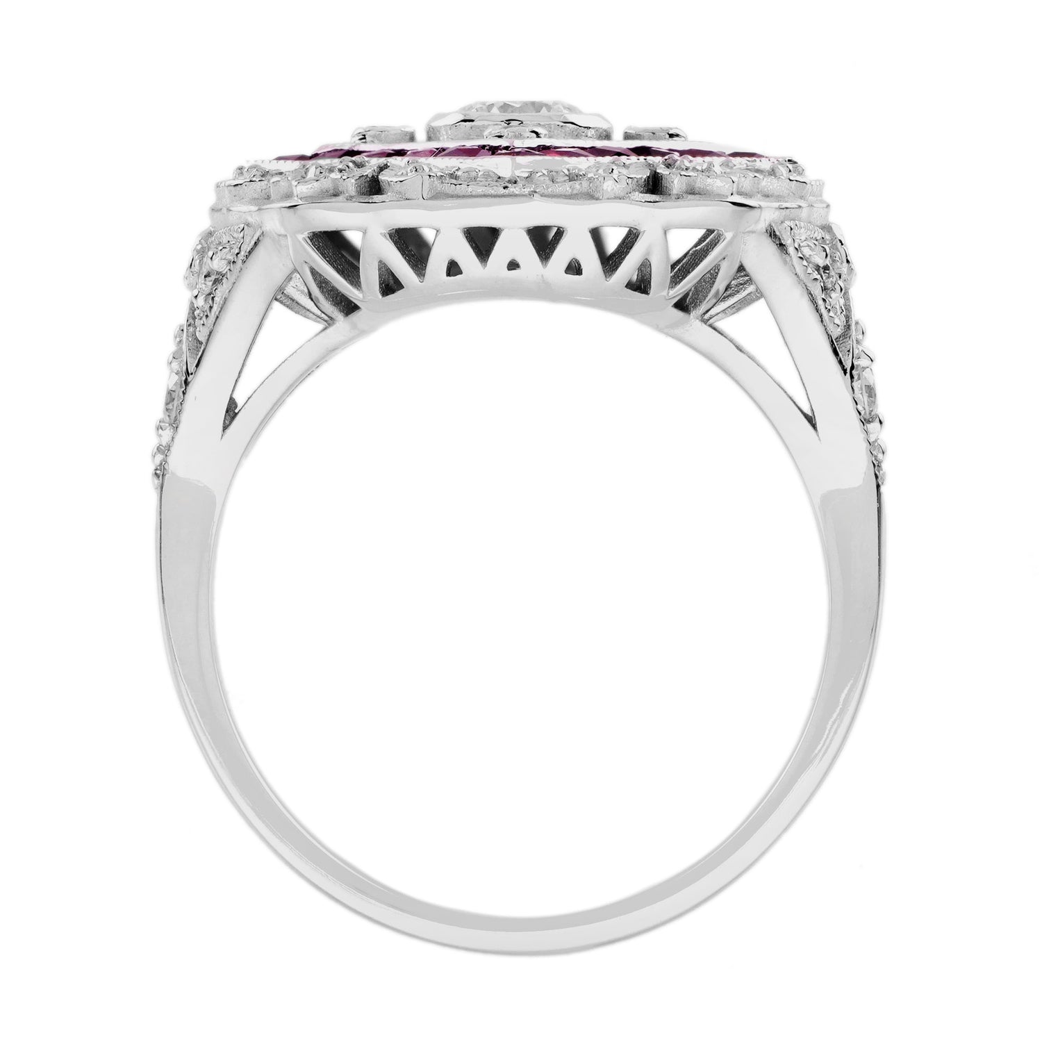 Diamond &amp; Ruby Halo Set Vintage Inspired Art Deco Style White Gold Ring