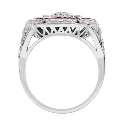 Diamond & Ruby Halo Set Vintage Inspired Art Deco Style White Gold Ring