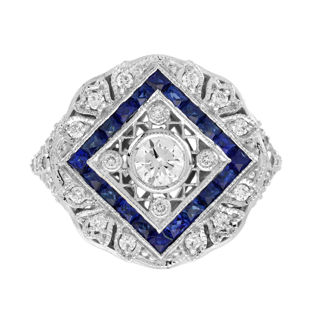 Diamond &amp; Blue Sapphire Halo Art Deco Inspired Style 18K White Gold Shield Ring