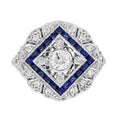 Diamond & Blue Sapphire Halo Art Deco Inspired Style 18K White Gold Shield Ring
