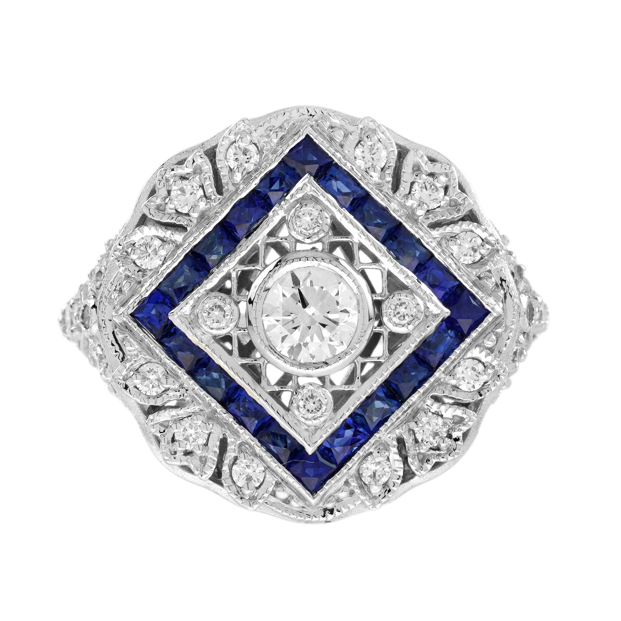 Diamond &amp; Blue Sapphire Halo Art Deco Inspired Style 18K White Gold Shield Ring