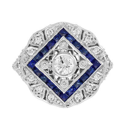 Diamond &amp; Blue Sapphire Halo Art Deco Inspired Style 18K White Gold Shield Ring