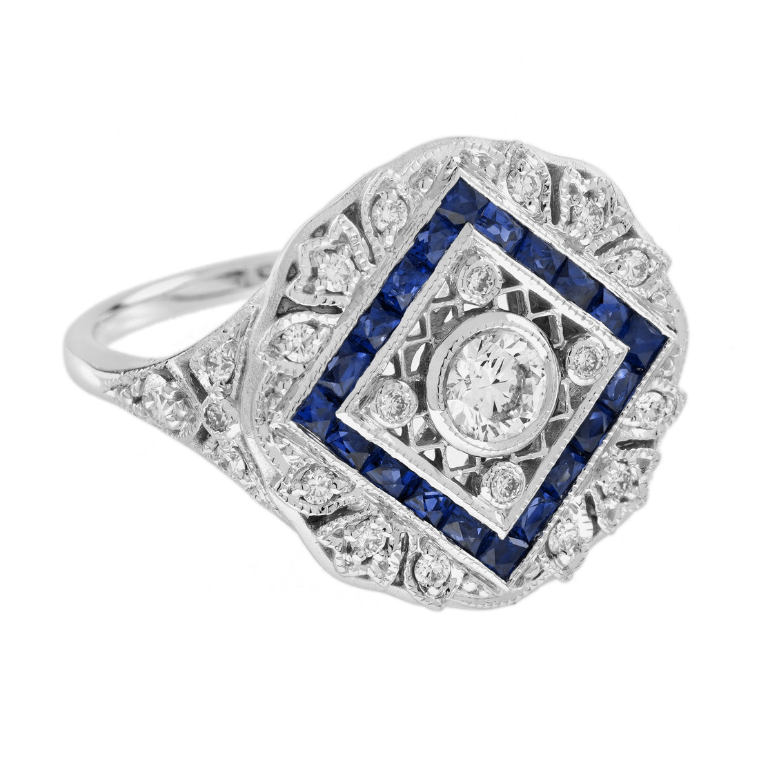 Diamond &amp; Blue Sapphire Halo Art Deco Inspired Style 18K White Gold Shield Ring