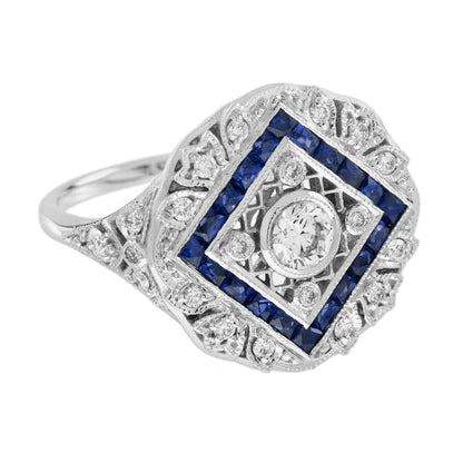 Diamond &amp; Blue Sapphire Halo Art Deco Inspired Style 18K White Gold Shield Ring