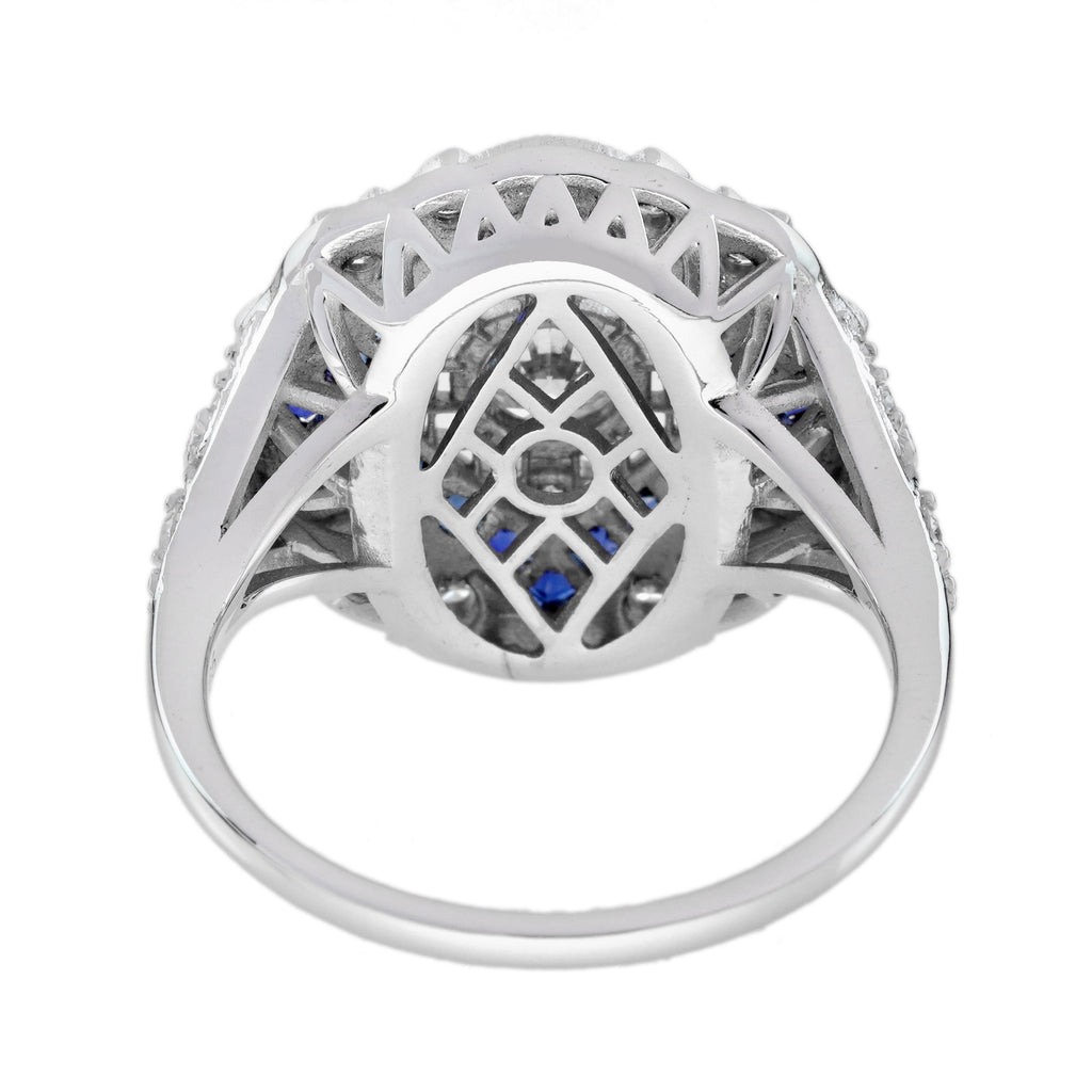 Diamond & Blue Sapphire Halo Art Deco Inspired Style 18K White Gold Shield Ring