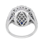 Diamond & Blue Sapphire Halo Art Deco Inspired Style 18K White Gold Shield Ring