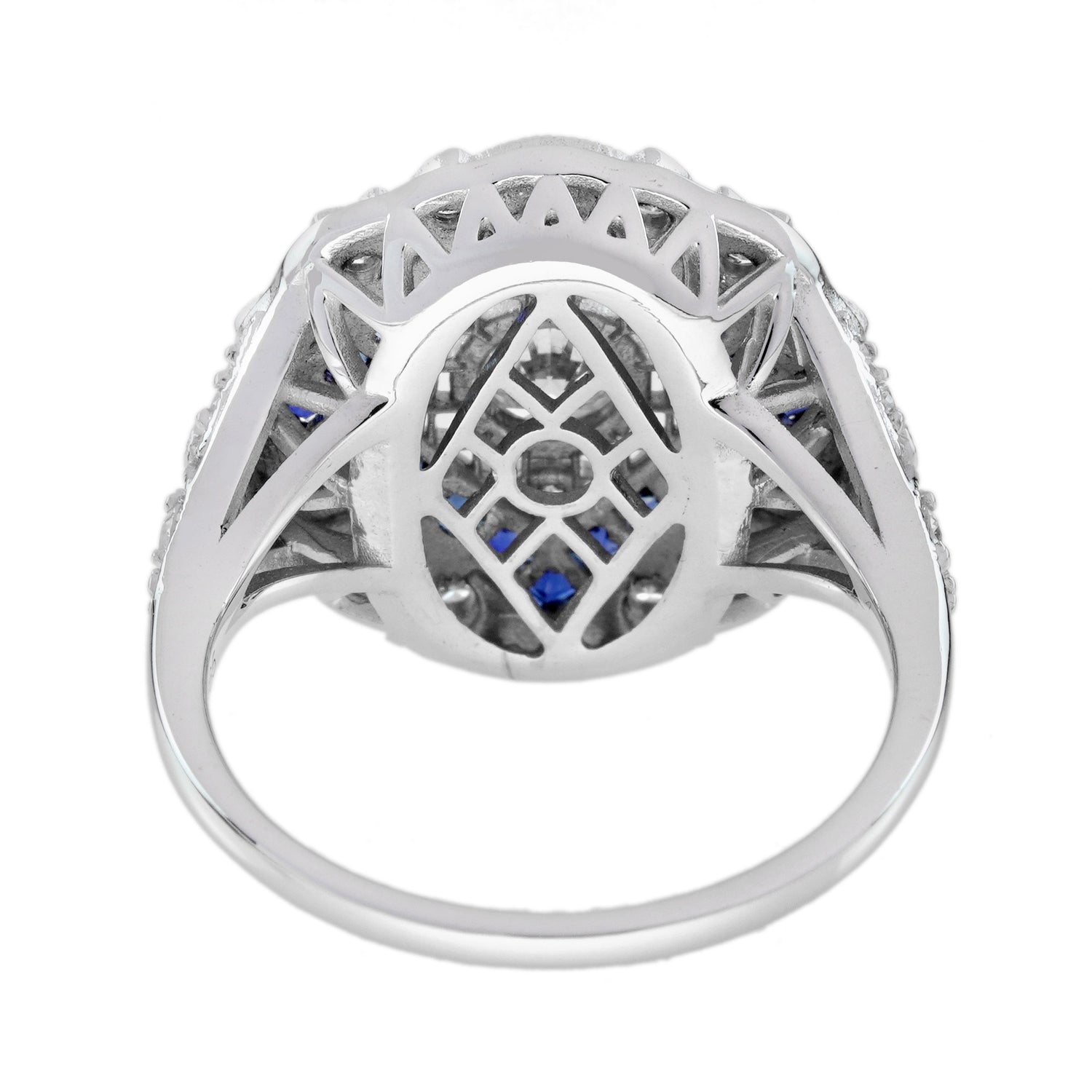 Diamond &amp; Blue Sapphire Halo Art Deco Inspired Style 18K White Gold Shield Ring