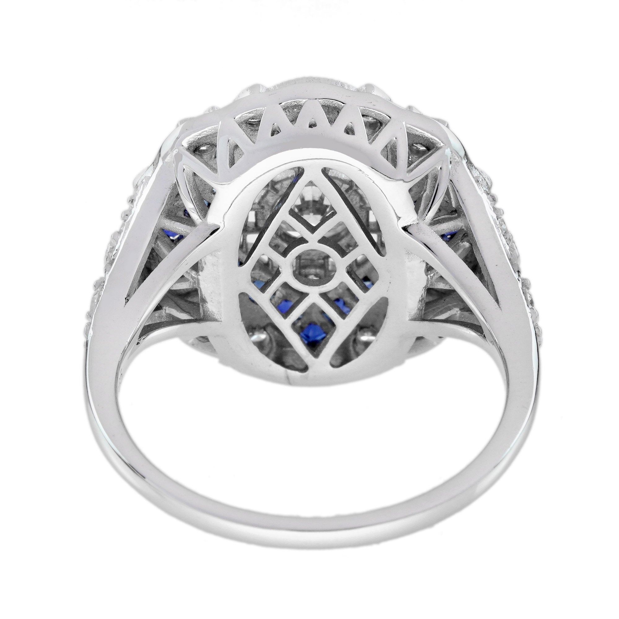 Diamond &amp; Blue Sapphire Halo Art Deco Inspired Style 18K White Gold Shield Ring
