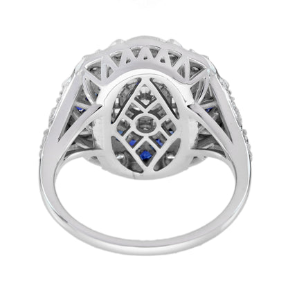 Diamond &amp; Blue Sapphire Halo Art Deco Inspired Style 18K White Gold Shield Ring