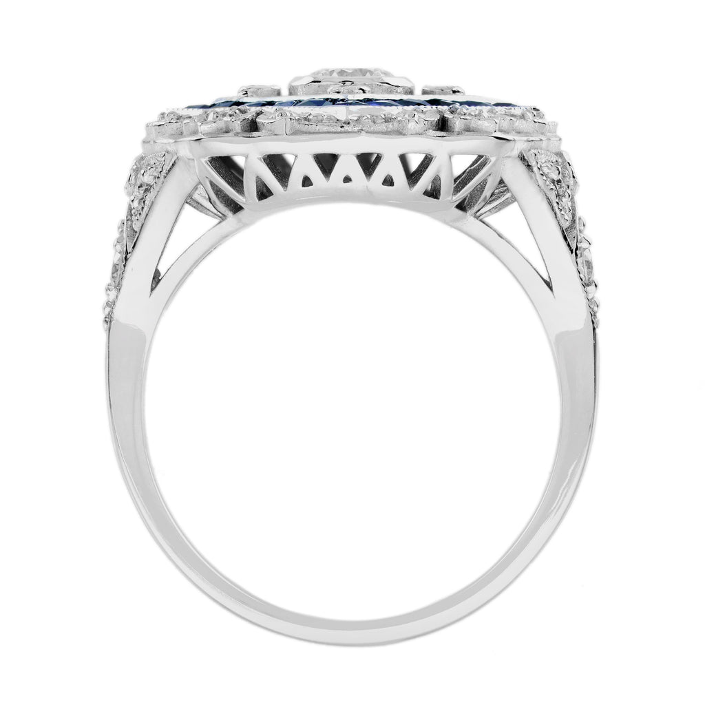 Diamond & Blue Sapphire Halo Art Deco Inspired Style 18K White Gold Shield Ring