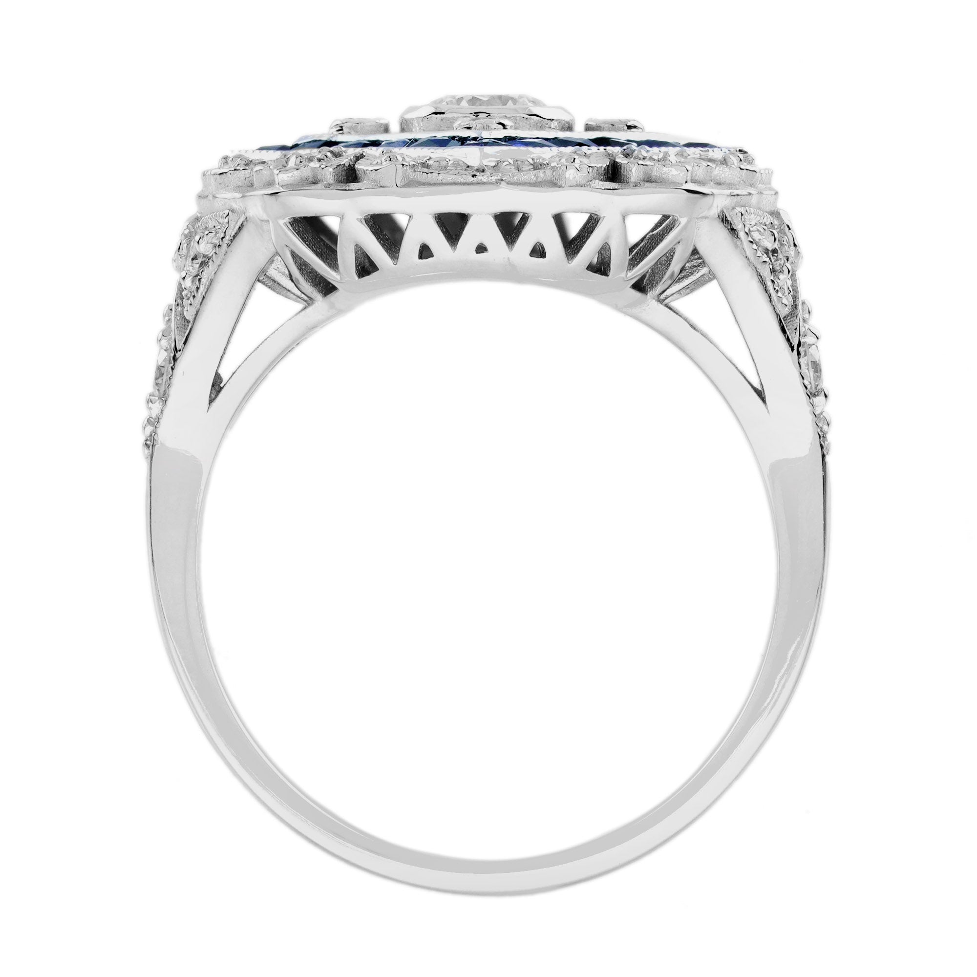 Diamond &amp; Blue Sapphire Halo Art Deco Inspired Style 18K White Gold Shield Ring