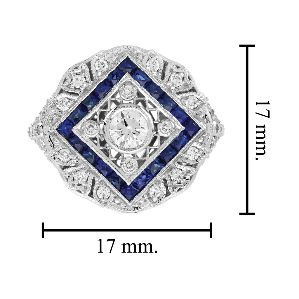 Diamond & Blue Sapphire Halo Art Deco Inspired Style 18K White Gold Shield Ring