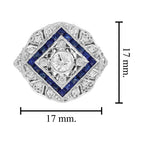 Diamond & Blue Sapphire Halo Art Deco Inspired Style 18K White Gold Shield Ring