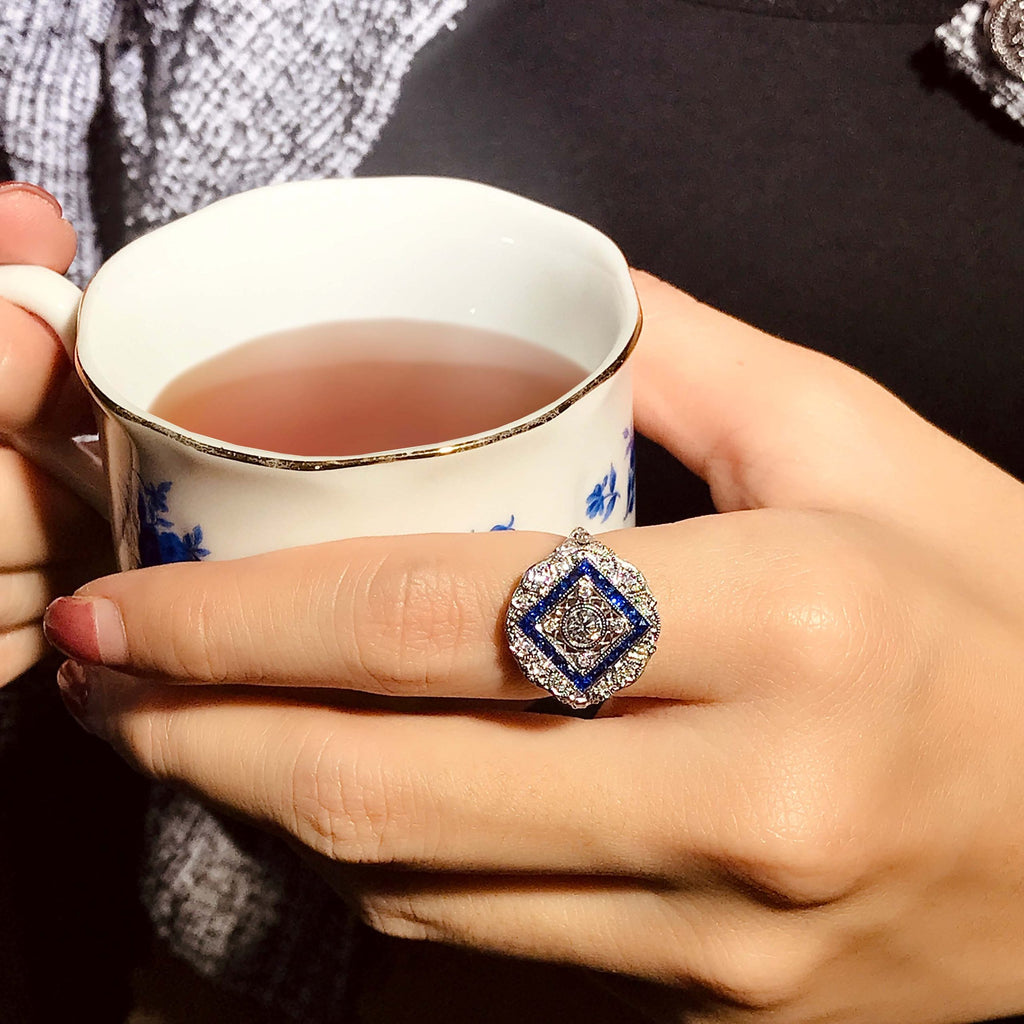 Diamond & Blue Sapphire Halo Art Deco Inspired Style 18K White Gold Shield Ring