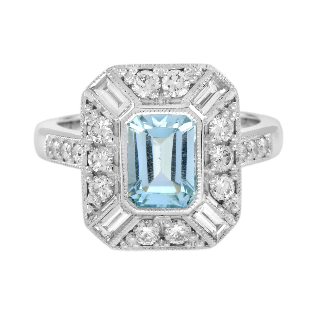 Blue Aquamarine & Diamond Halo Art Deco Style Engagement 14K White Gold Ring