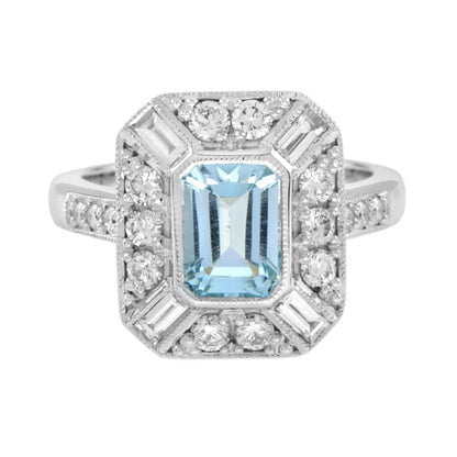 Blue Aquamarine &amp; Diamond Halo Art Deco Style Engagement 14K White Gold Ring
